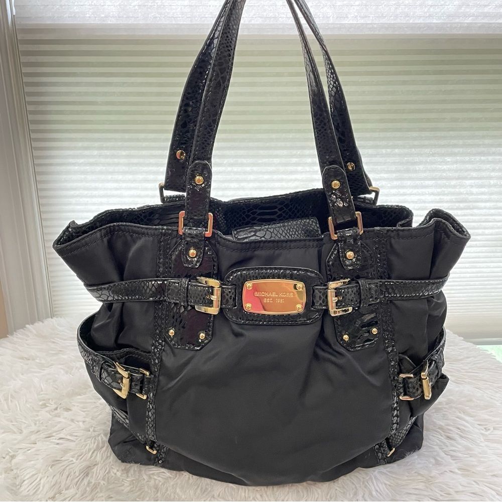Michael Kors‎ Black Nylon Tote/ Handbag with Croc embossed patent leather trims